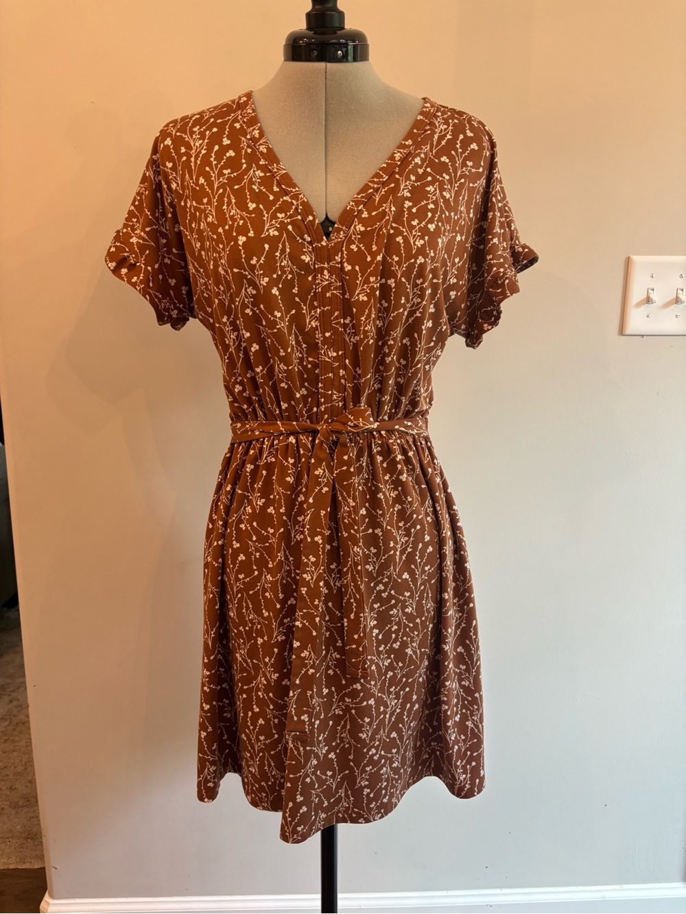French Grey Brown Mini Dress with Cream Floral Print 0206